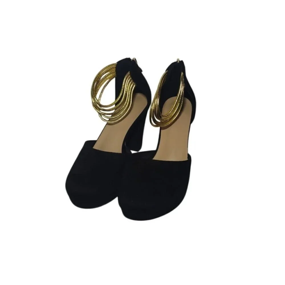 Black high-heeled sandals with ankle straps and gold details, size 38.